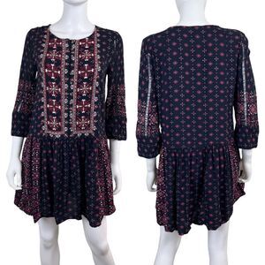 Vanessa Virgina Women Size M Blue Pullover Drop Waist 3/4 Sleeve Mini Dress Boho